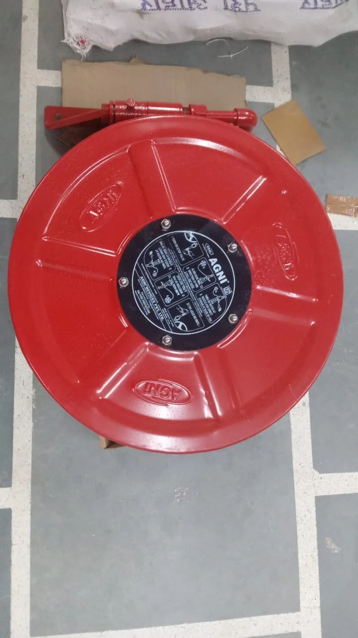 Red fire hose reel drum front view