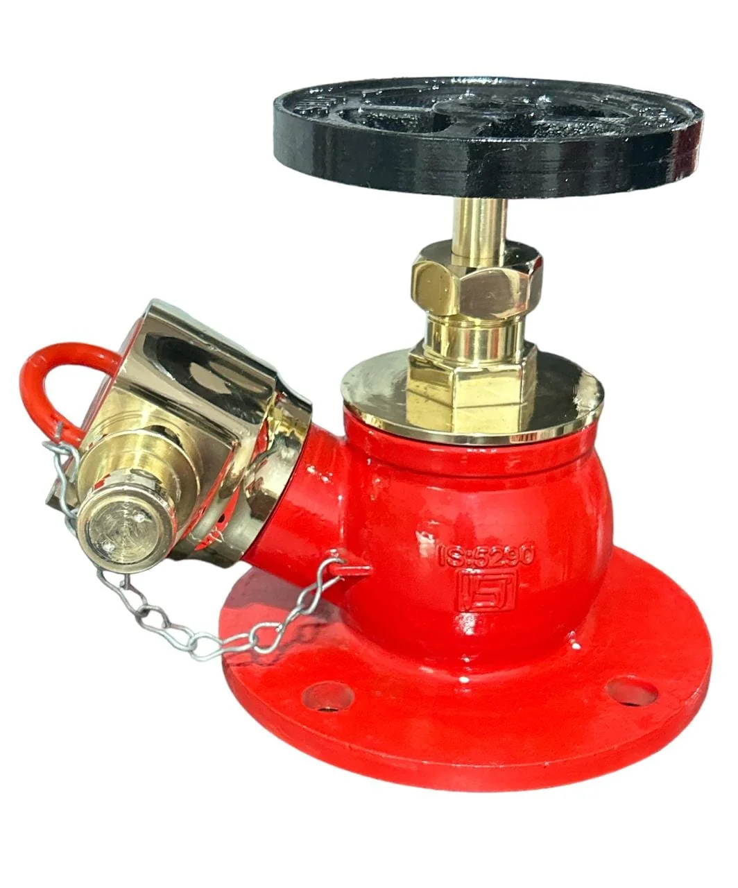 Red hydrant valve with brass outlet and hand wheel